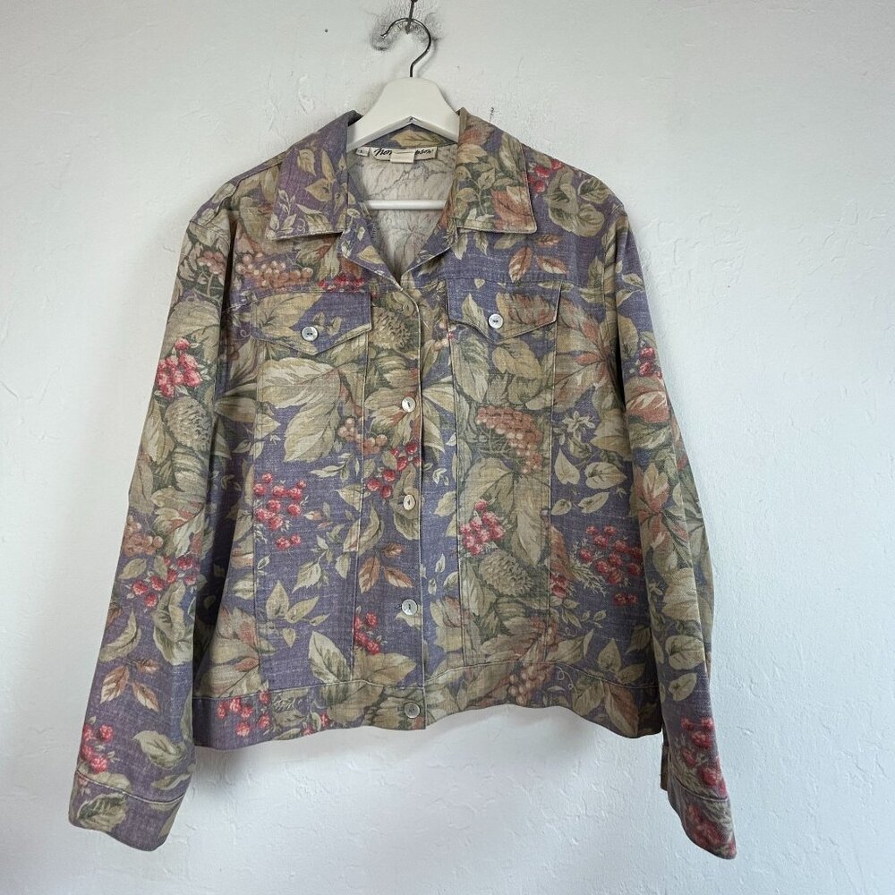 Vintage Norm Thompson Womens Floral Lightweight Denim Jacket Large Purple Pocket